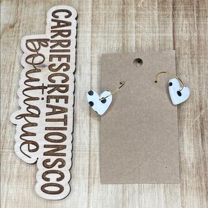 White Heart Hoop Earrings with Black Dots